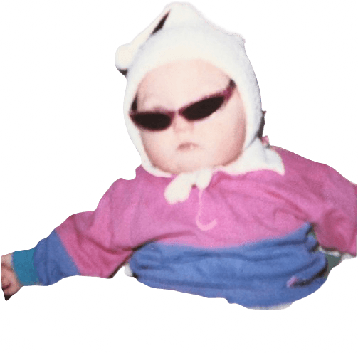 Shy as a baby, wearing sunglasses and a bunny hat